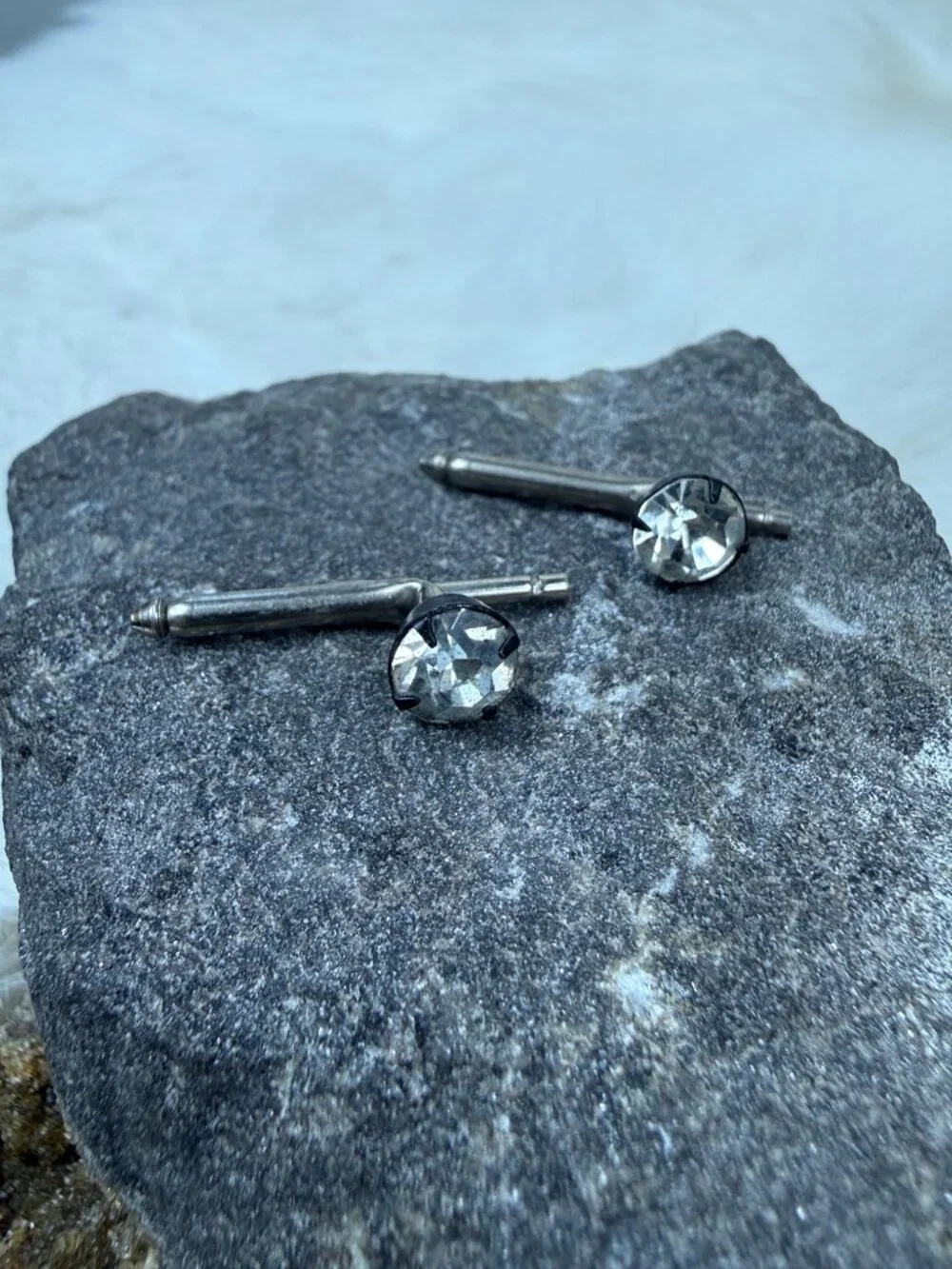 Vintage Black Metal & Silver Tone w/ Clear Rhinestone Shirt Studs